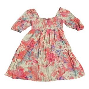 City Studio Smocked‎ Square Neck Tie Dye Print Puff Sleeve Mini Dress Size S